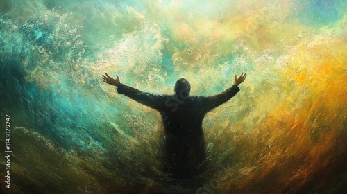 Wallpaper Mural Hooded figure embraces turbulent, colorful waves. Torontodigital.ca