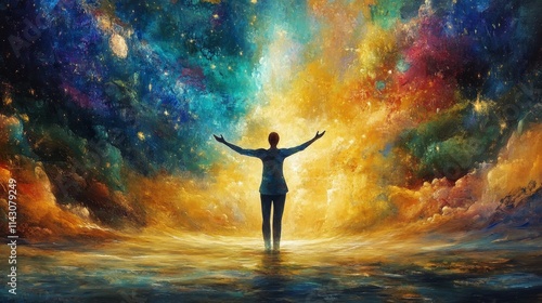 Wallpaper Mural Figure embraces colorful cosmic landscape. Torontodigital.ca