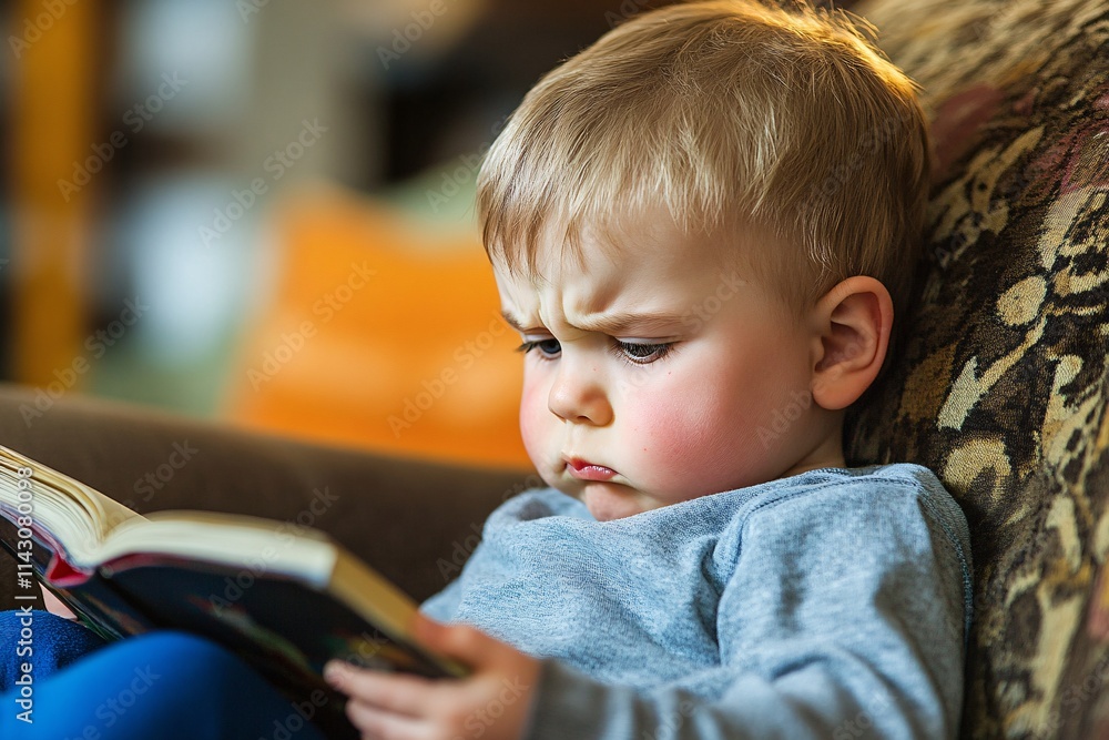 Profile shot of a child reading a book, showing frustration, seated on a comfy chair, with soft indoor lighting and a look of concentration 3 Profile shot of a child reading a book, showing frustration, seated on a comfy chair, with soft indoor lighting and a look of concentration 3