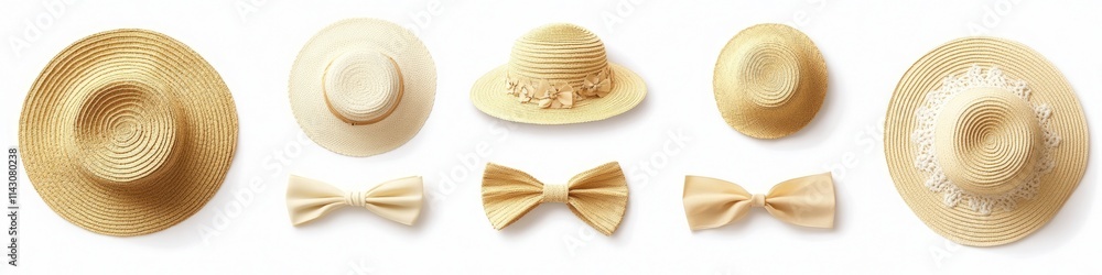 Charming Straw Hats with Ribbons and Bows: Isolated Top View Collection for Fashionable Summer Beach Outings Charming Straw Hats with Ribbons and Bows: Isolated Top View Collection for Fashionable Summer Beach Outings