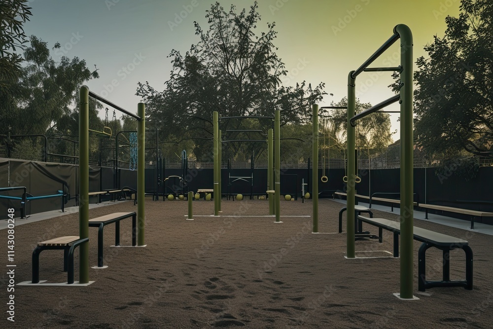 Unoccupied Outdoor Calisthenics Park with Exercise Bars and Benches in Olive Lighting Unoccupied Outdoor Calisthenics Park with Exercise Bars and Benches in Olive Lighting