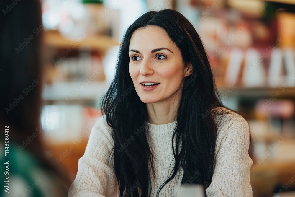 Portrait of a female office gossiping, with long black hair, discussing something funny with a colleague, in a retail environment 6 Portrait of a female office gossiping, with long black hair, discussing something funny with a colleague, in a retail environment 6