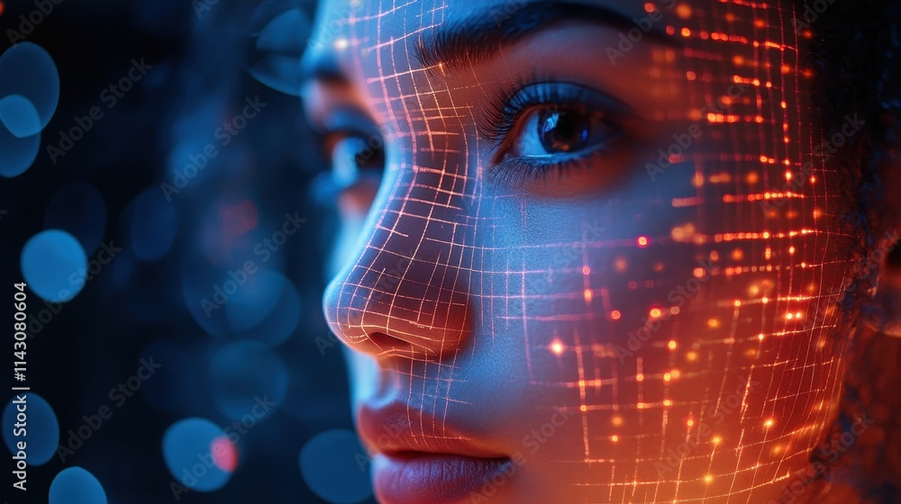 Close-up of digital screen displaying a face recognition interface with grid overlay Close-up of digital screen displaying a face recognition interface with grid overlay