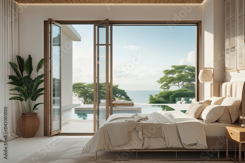 Stylish Modern Aluminum Frame Windows Enhancing Serene Bedroom Design with Airy Backdrop
