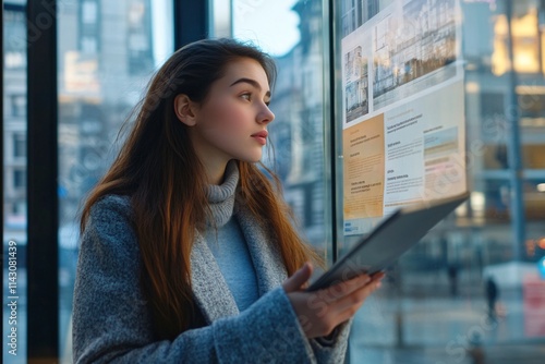 A young woman with long hair wearing a casual coat, studying real estate ads on a modern glass window during a sunny afternoon in the city 2 photo