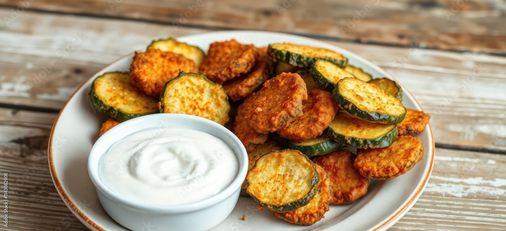 Crispy fried zucchini slices piled high on plate. Creamy ranch dressing ready for dipping. Perfect snack side dish. Freshly cooked food. Appealing dish. Tasty. Vegetable. Healthy. Delicious food. Crispy fried zucchini slices piled high on plate. Creamy ranch dressing ready for dipping. Perfect snack side dish. Freshly cooked food. Appealing dish. Tasty. Vegetable. Healthy. Delicious food.