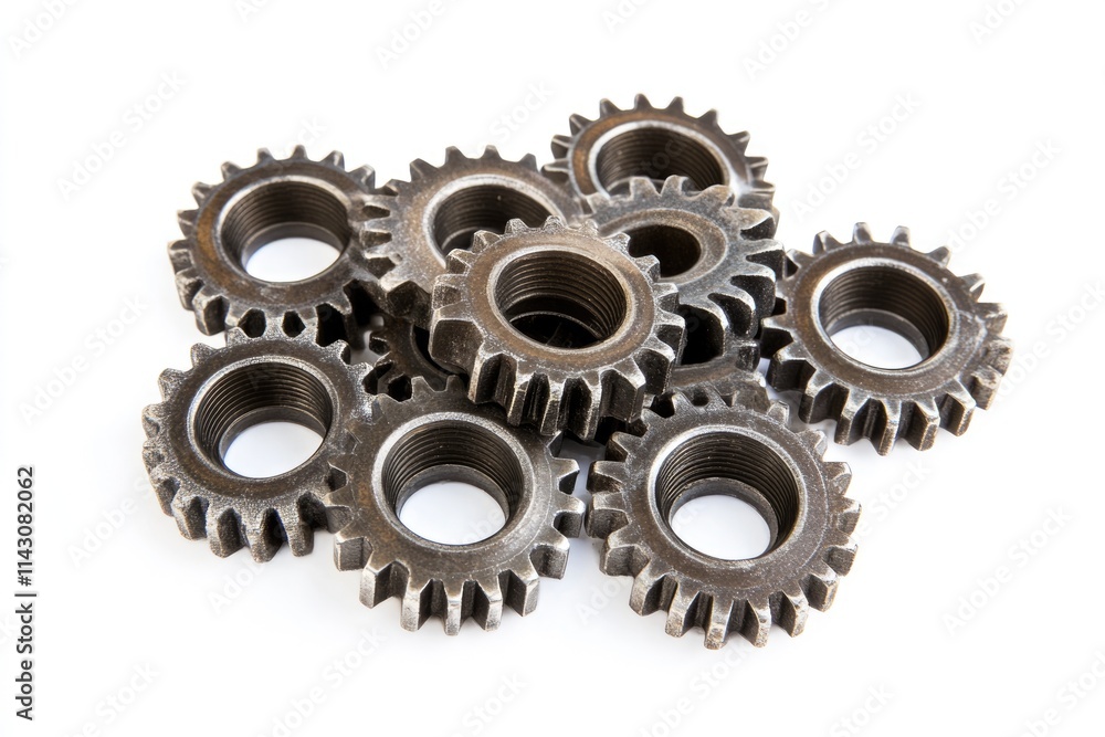 Steel Wheels Detached: Metal Machine Components on a Clean White Canvas Steel Wheels Detached: Metal Machine Components on a Clean White Canvas