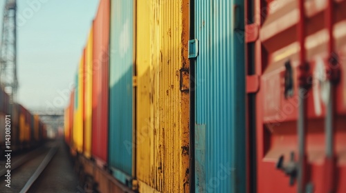 Close-up of freight train cars loaded with colorful containers, showcasing industrial transportation