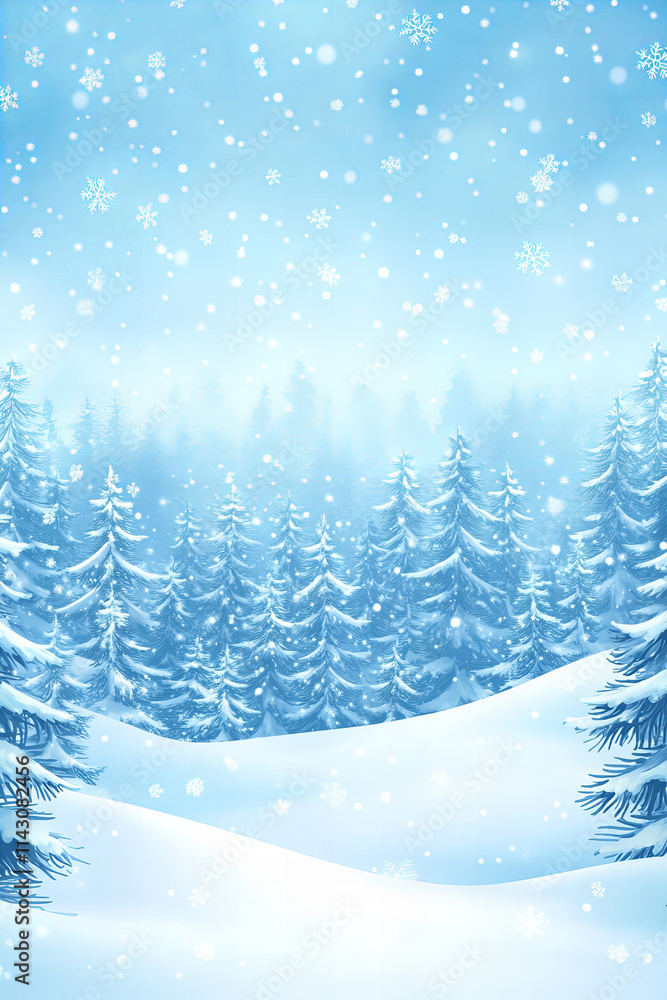 Serene snowy landscape with falling snowflakes, frosty pine trees, soft hills, and winter wonderland background for festive designs, Christmas cards, seasonal posters, and holiday projects Serene snowy landscape with falling snowflakes, frosty pine trees, soft hills, and winter wonderland background for festive designs, Christmas cards, seasonal posters, and holiday projects
