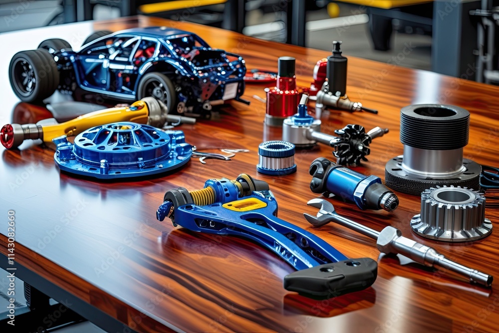Radiant Automotive Tools and Vibrant Parts on Polished Wood Tabletop Showcasing Automotive Innovations Radiant Automotive Tools and Vibrant Parts on Polished Wood Tabletop Showcasing Automotive Innovations