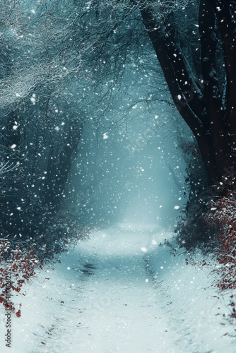 Winter snow scene background with falling snowflakes, pine trees, snowy hills, and tranquil nature scenery for seasonal designs, Christmas cards, festive posters, winter promotions, and holiday