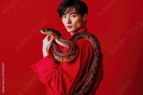 Asian man in red colors holding a snake for chinese new year . Space for copy