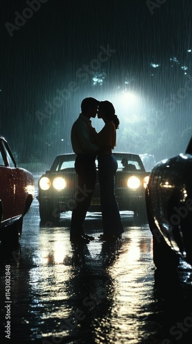 Silhouette of a man sitting in rain on a reflective street
