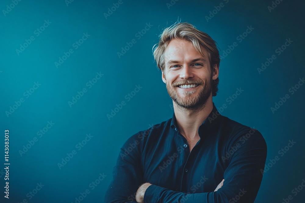 A tall, lean man in his late 30s smiling at the camera with blond hair and a beard, standing in an empty blue void, soft lighting illuminating his expressive, happy face in a relaxed pose 4 A tall, lean man in his late 30s smiling at the camera with blond hair and a beard, standing in an empty blue void, soft lighting illuminating his expressive, happy face in a relaxed pose 4