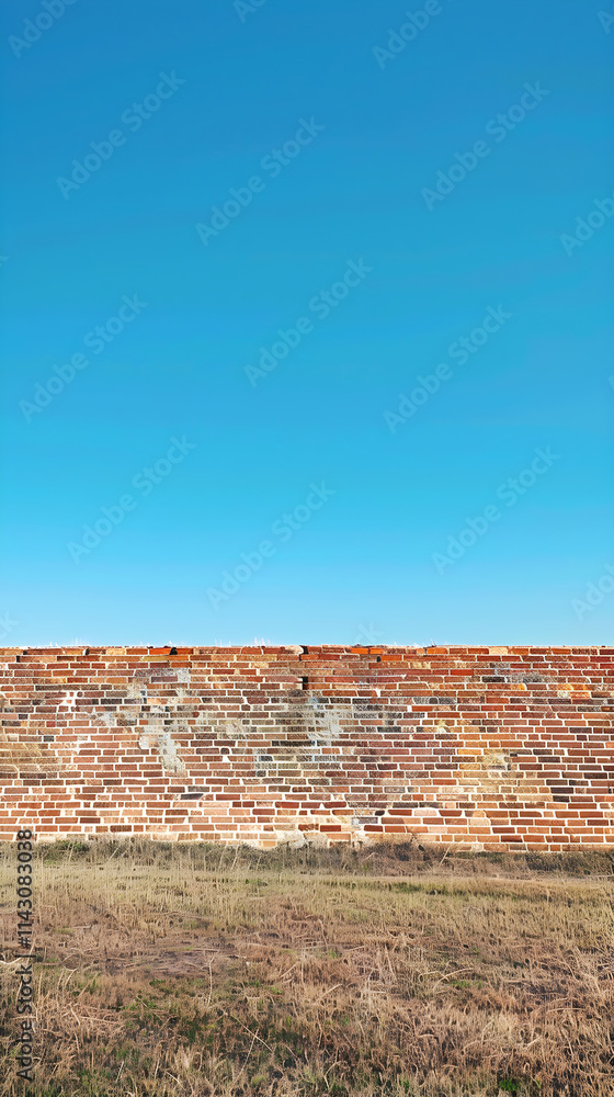 Imposing Brick Wall Under a Clear Blue Sky: A Symbol of Resilience and Division Imposing Brick Wall Under a Clear Blue Sky: A Symbol of Resilience and Division