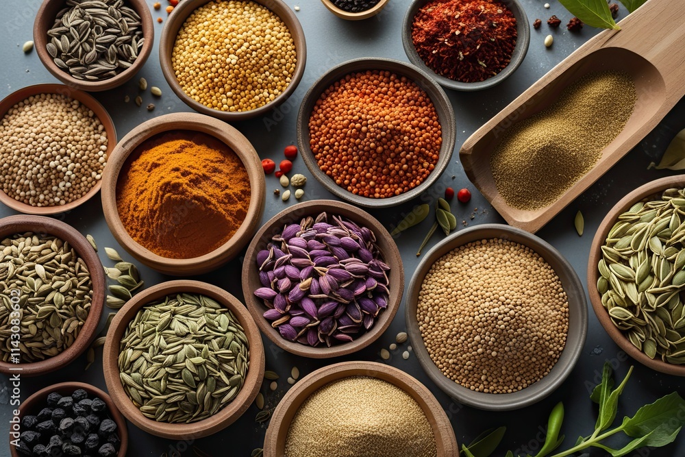 Birds Eye View of Organic Seeds and Spices Showcasing Nutritious Ingredients for a Healthy Lifestyle Birds Eye View of Organic Seeds and Spices Showcasing Nutritious Ingredients for a Healthy Lifestyle