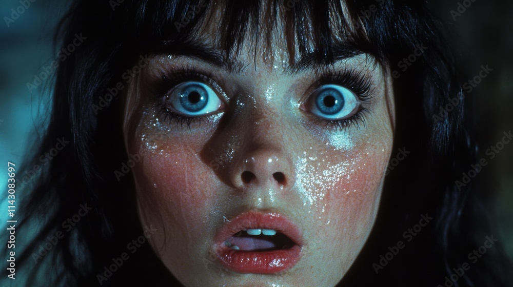 Close-up portrait of a woman with wide eyes under intense blue light Close-up portrait of a woman with wide eyes under intense blue light