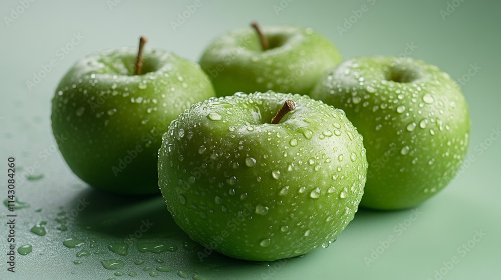 Fresh green apples arranged on a clean white surface with soft lighting Fresh green apples arranged on a clean white surface with soft lighting