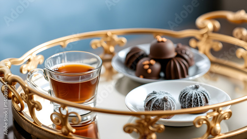 A gold-detailed coffee tray with an espresso shot and a small plate of chocolate truffles. Generative AI