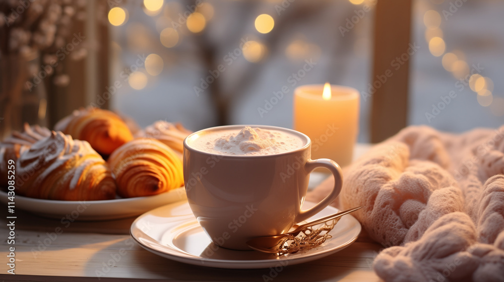 A cozy winter morning breakfast: a steaming mug of hot cocoa topped with marshmallows, freshly baked croissants A cozy winter morning breakfast: a steaming mug of hot cocoa topped with marshmallows, freshly baked croissants
