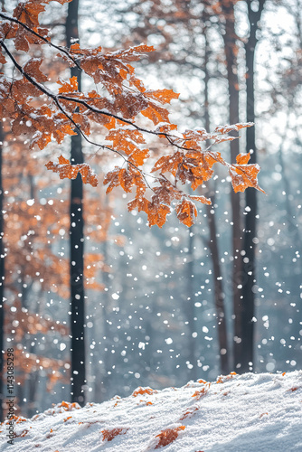 Winter snow scene background with falling snowflakes, pine trees, snowy hills, and tranquil nature scenery for seasonal designs, Christmas cards, festive posters, winter promotions, and holiday