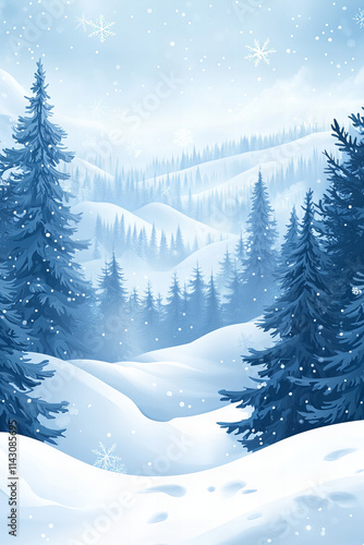 Winter snow scene background with falling snowflakes, pine trees, snowy hills, and tranquil nature scenery for seasonal designs, Christmas cards, festive posters, winter promotions, and holiday