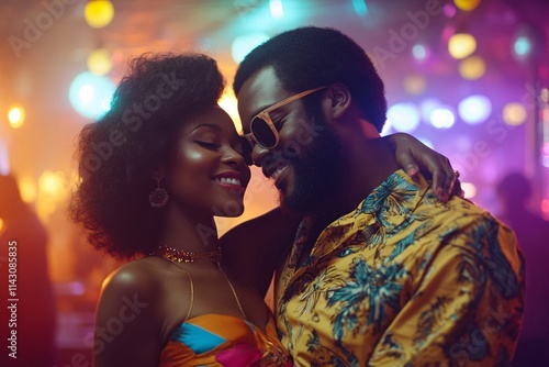 A Black couple in their 40s, wearing 1970s disco-inspired outfits, dancing a slow embrace in a retro club, colorful lighting, joyful and nostalgic 6 photo