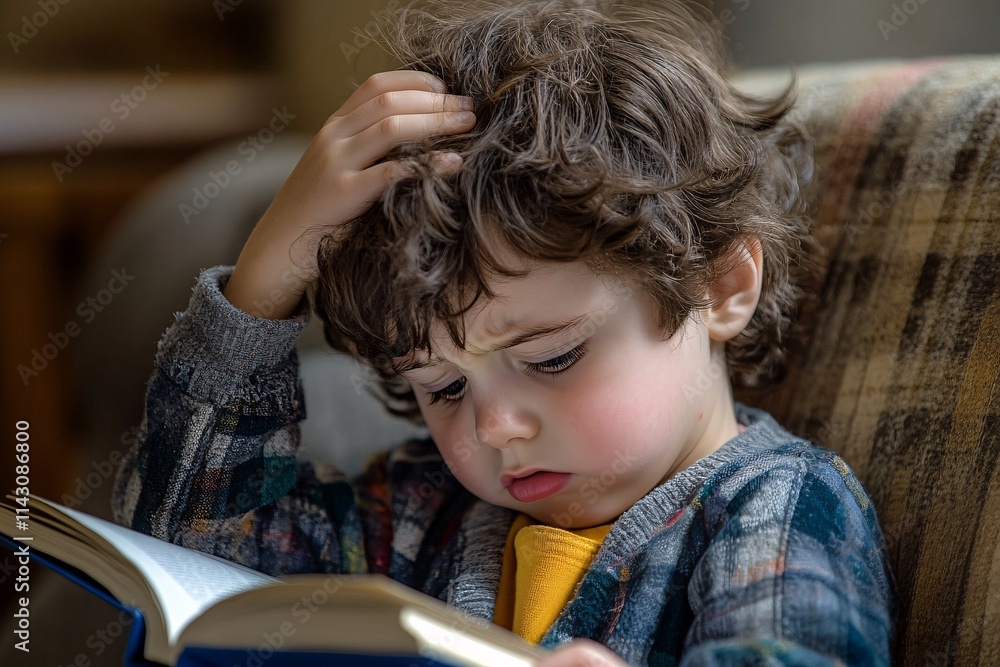 Profile shot of a child reading a book, showing frustration, seated on a comfy chair, with soft indoor lighting and a look of concentration 5 Profile shot of a child reading a book, showing frustration, seated on a comfy chair, with soft indoor lighting and a look of concentration 5