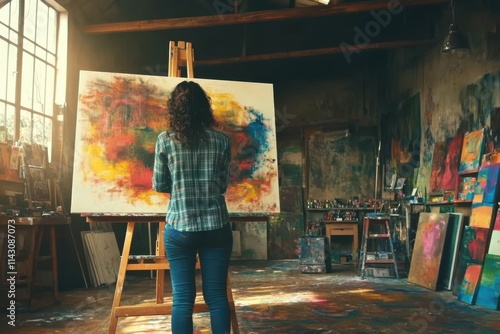 Young artist painting a colorful canvas in an art studio photo