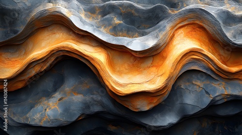 Abstract geological layers with textured rock formations, featuring vibrant orange and gray tones in smooth, flowing wave patterns photo