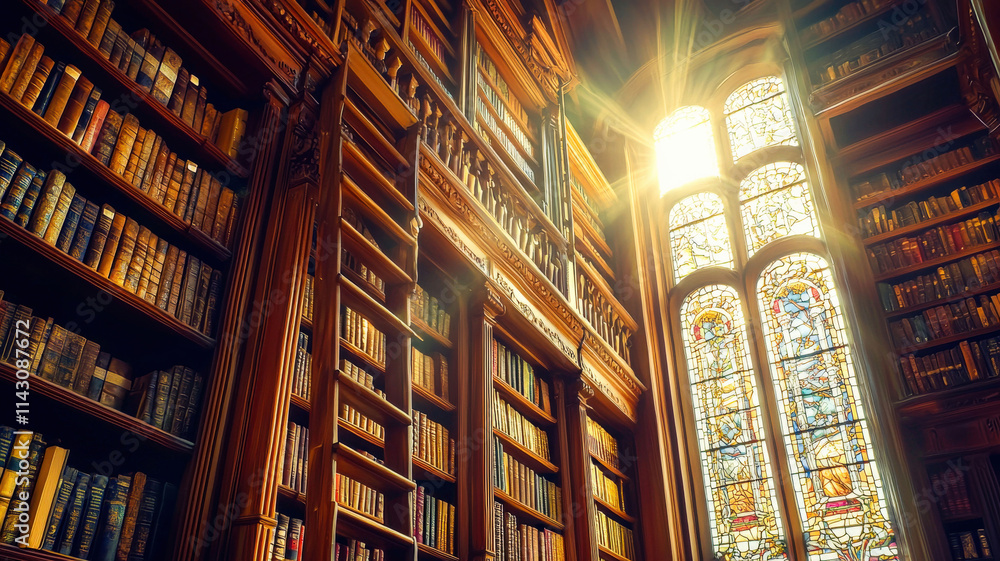 A serene library with towering bookshelves, an antique wooden ladder, and sunlight streaming through stained glass windows, creating a warm and inviting atmosphere for reading.
A serene library with towering bookshelves, an antique wooden ladder, and sunlight streaming through stained glass windows, creating a warm and inviting atmosphere for reading.