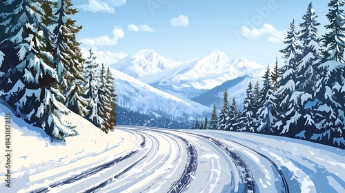 A winter season illustration of a snowy mountain road with axle marks on it through a pine forest with accumulated snow on the side and mountains in the background photo