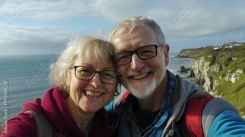  Happy retired couple taking a selfie by the ocean