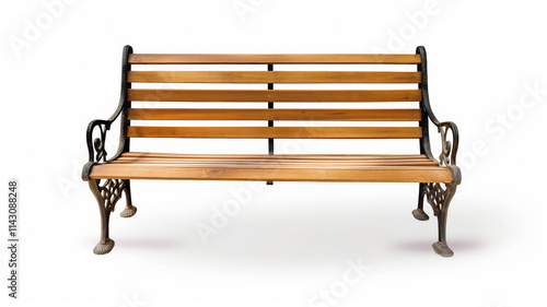 Wooden bench with decorative metal armrests and legs, isolated on white background. Bench features horizontal wooden slats and intricate cast iron details photo