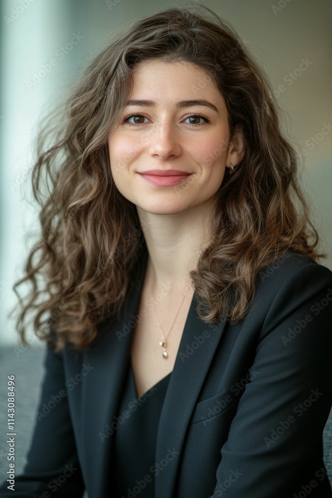 Smiling woman, curly hair, dark jacket, simple necklace. Smiling woman, curly hair, dark jacket, simple necklace.