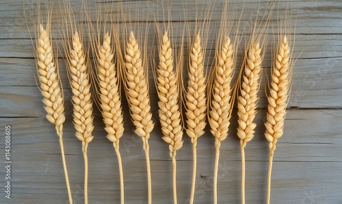 Wheat stalks arranged in a row, golden color, natural texture, wooden background, agricultural theme, harvest season photo