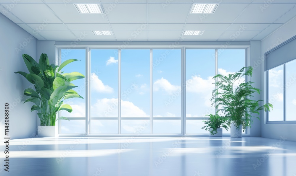 Bright modern office space with large windows and plants Bright modern office space with large windows and plants