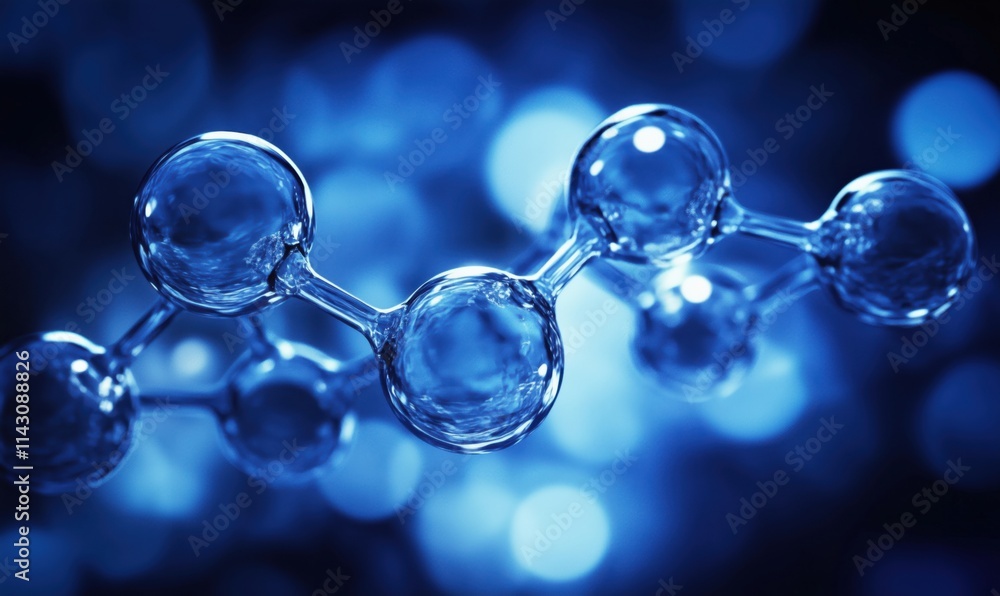 Molecular structure representation, blue background, abstract design, scientific concept, chemistry, biology, technology Molecular structure representation, blue background, abstract design, scientific concept, chemistry, biology, technology