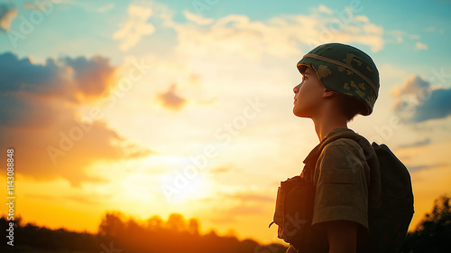 Military personnel standing in silhouette, wearing tactical gear against dramatic sunset skyline during mission deployment photo