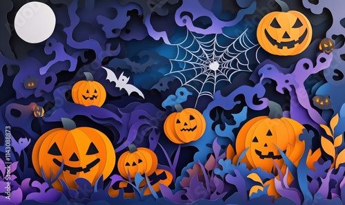 Halloween pumpkins, spooky atmosphere, paper art design, dark background, moon, spider web, ghost bat, vibrant colors photo