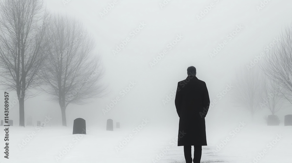Mourner walking through a foggy, snowy cemetery in winter, reflecting on memories while visiting a grave amidst the serene atmosphere Mourner walking through a foggy, snowy cemetery in winter, reflecting on memories while visiting a grave amidst the serene atmosphere