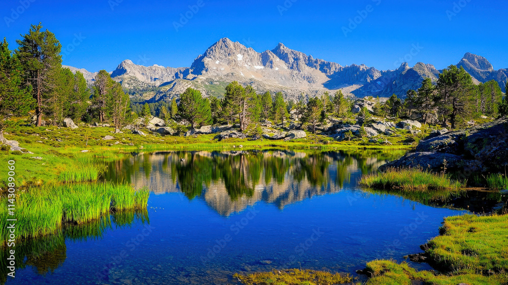 A serene mountain lake surrounded by lush green meadows and wildflowers, with a clear blue sky and distant snow-capped peaks reflecting on the water, creating a tranquil natural scene. A serene mountain lake surrounded by lush green meadows and wildflowers, with a clear blue sky and distant snow-capped peaks reflecting on the water, creating a tranquil natural scene.
