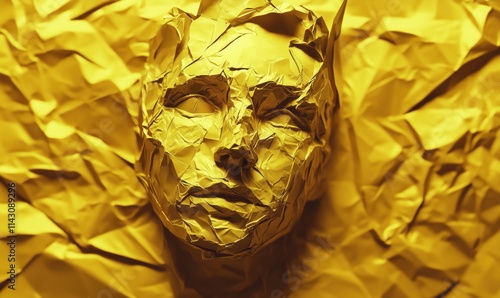 Crumpled yellow face sculpture, abstract art, textured surface, emotional expression, artistic representation, intricate details