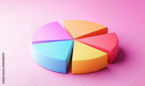 Colorful pie chart representation, segments in pink, orange, yellow, blue, purple, 3D design, pastel background