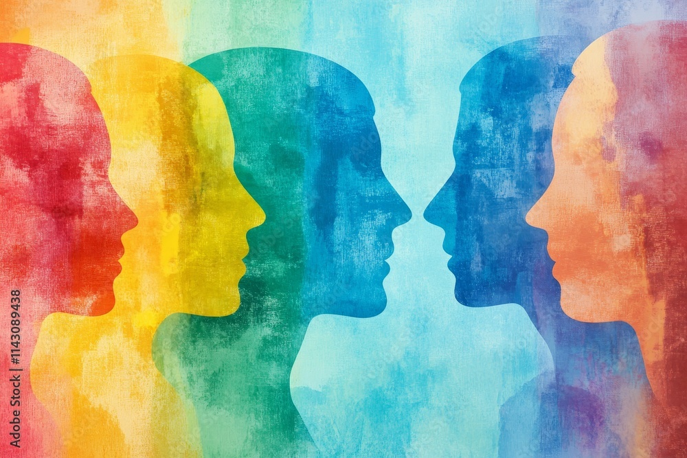 Colorful profiles facing, abstract textured background. Colorful profiles facing, abstract textured background.
