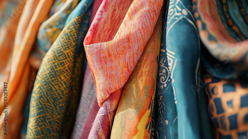 Close-up of colorful vintage scarves with various patterns and textures, hanging and catching the sunlight at a yard sale photo