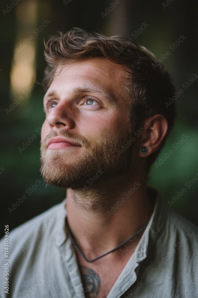Young man with beard, gazing upward, outdoors. Young man with beard, gazing upward, outdoors.
