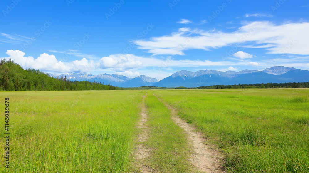 Obraz premium Mountain trail winding through verdant grassland, distant peaks rising beneath clouded azure expanse