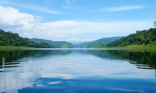 Wallpaper Mural Serene lake landscape with reflections, lush green hills, clear blue sky, tranquil water surface, natural beauty Torontodigital.ca