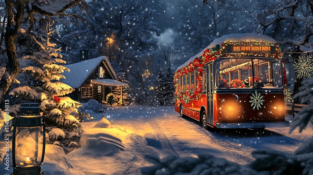 Obraz premium Festive Christmas Bus Arrives at Snowy Cabin Home